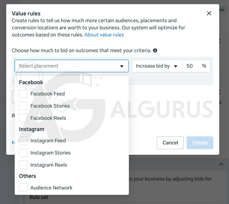 نافذة قواعد القيمة في مدير إعلانات Meta مع قائمة أماكن الظهور: خلاصة وقصص وReels على Facebook وInstagram، وAudience Network