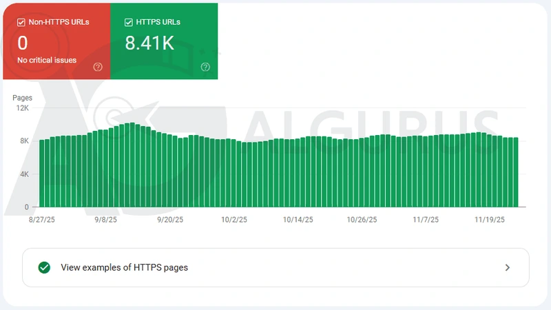 تقرير HTTPS في Google Search Console: 8.41 ألف صفحة تعمل عبر HTTPS ولا توجد روابط بدون HTTPS.