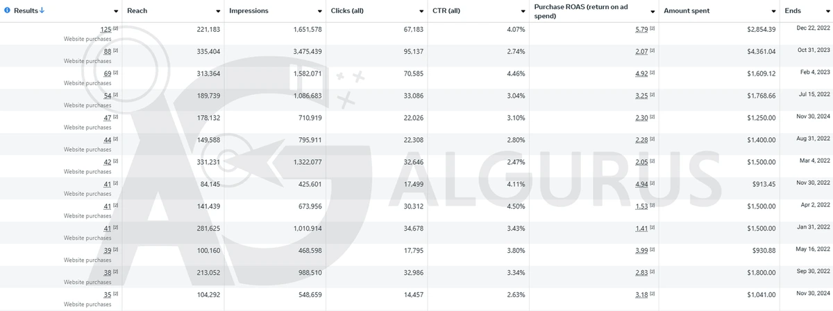 Meta Ads Manager table of 13 sales campaigns that ended between January 2022 and November 2024: 704 website purchases in total, with CTRs from 2.47% to 4.50% and purchase ROAS up to 5.79.