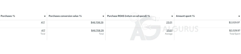 إجماليات Meta Ads Manager: 417 عملية شراء، وقيمة مشتريات 46,708.29 دولار، ومتوسط عائد 23.01، وإنفاق إجمالي 2,029.97 دولار.