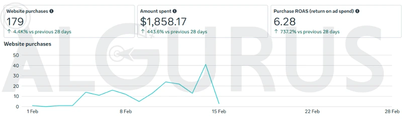 نظرة عامة على الأداء في Meta Ads Manager لشهر فبراير 2023: 179 عملية شراء من الموقع، وإنفاق 1,858.17 دولار، وعائد 6.28، وبلغت المشتريات ذروتها قبيل 14 فبراير.